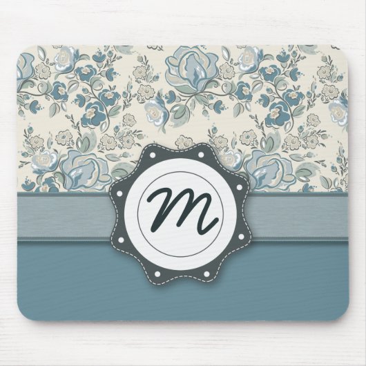 Tapis De Souris Roses bleus et crèmes avec le monogramme (Devant)