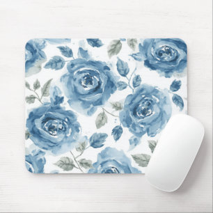 Tapis De Souris Roses Bleus Fleurs Botaniques Aquarelle Floral