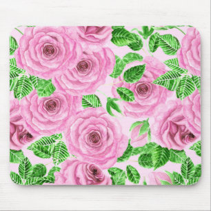 Tapis De Souris Roses d'aquarelle rose avec feuilles et pattes de 