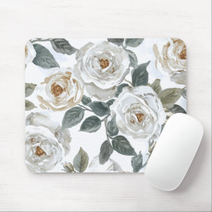 Tapis De Souris Roses de jardin Floral vintage aquarelle blanche