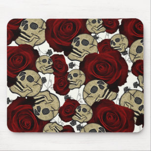 Tapis De Souris Roses et crânes rouges Noir Floral Blanc gothique