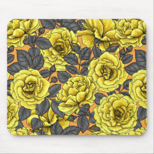 Tapis De Souris Roses jaunes avec feuilles gris sur orange