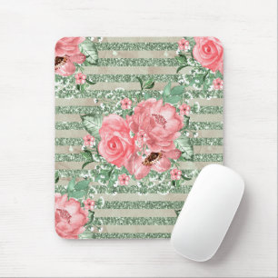 Tapis De Souris Roses roses aquarelles roses sur rayures de paille