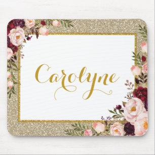 Tapis De Souris Roses roses de Bourgogne d'or d'aquarelle