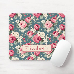 Tapis De Souris Roses Roses Vintages Rose en Rose sur Fond Bleu Pe