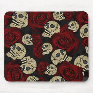Tapis De Souris Roses Rouges & Crânes Floral Gothique Gris Noir