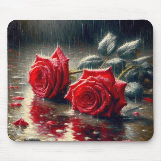 Tapis De Souris Roses Rouges Dans La Pluie (Devant)