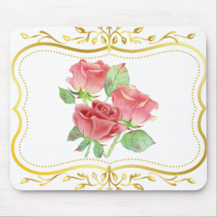 Tapis De Souris roses vintage cadre or design floral