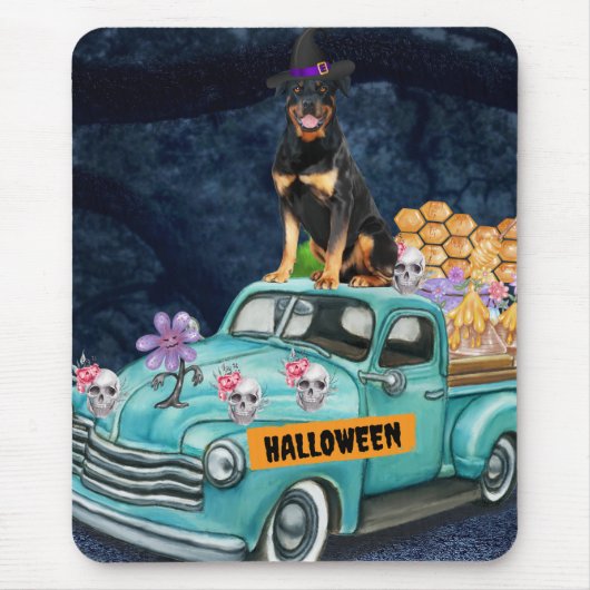 Tapis De Souris Rottweiler Chien Halloween Camion Effrayant Nuit (Devant)