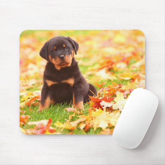 Tapis De Souris Rottweiler Chiot Assis Dans Les Feuilles D'Automne (Avec souris)