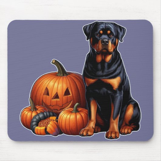 Tapis De Souris Rotweiler Chien assis par des Citrouilles d'Hallow (Devant)