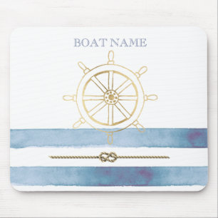 Tapis De Souris Roue de bateau en or nautique, rayures d'aquarelle