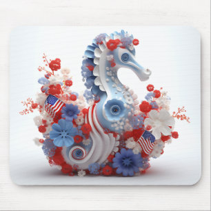 TAPIS DE SOURIS ROUGE BLANC BLEU PATRIOTIQUE HORSE DE MER ET FLEUR