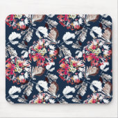 Tapis De Souris Rouge, fleurs blanches sur bleu. (Devant)