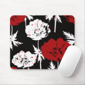 Tapis De Souris Rouge, fleurs blanches sur noir. (Avec souris)