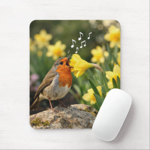 Tapis De Souris Rouge-gorge chantant dans un narcisse de printemps