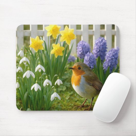 Tapis De Souris Rouge-gorge dans un jardin printanier (Avec souris)