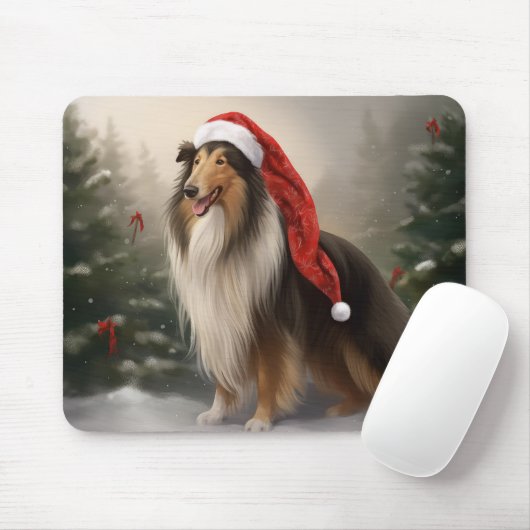 Tapis De Souris Rough Collie Chien dans la neige Noël (Avec souris)