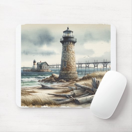 Tapis De Souris Rustic Coastal Lighthouse Plage balnéaire (Avec souris)
