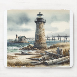 Tapis De Souris Rustic Coastal Lighthouse Plage balnéaire