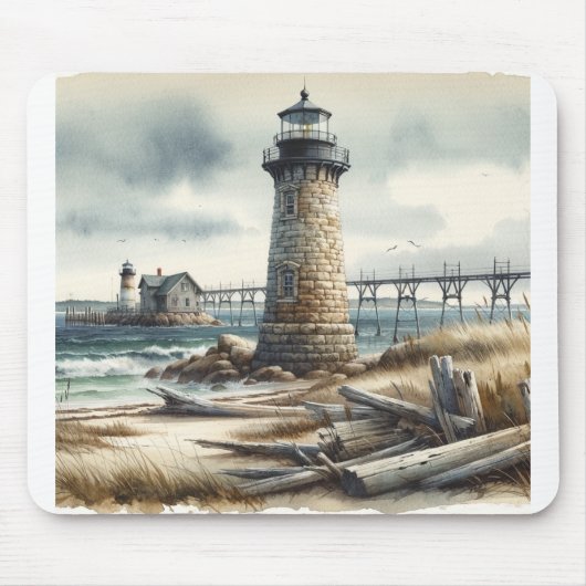 Tapis De Souris Rustic Coastal Lighthouse Plage balnéaire (Devant)
