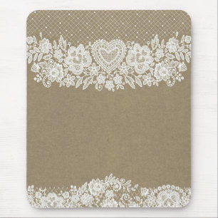 Tapis De Souris Rustic Kraft & White Lace Chic de ferme campagnard