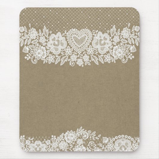 Tapis De Souris Rustic Kraft & White Lace Chic de ferme campagnard (Devant)