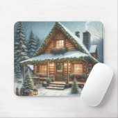 Tapis De Souris Rustique hiver/Noël cabine enneigé (Avec souris)