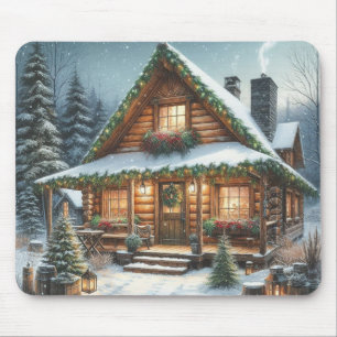 Tapis De Souris Rustique hiver/Noël cabine enneigé