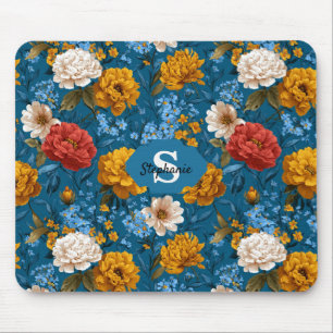 Tapis De Souris Rustique Vintage coloré motif floral en bleu