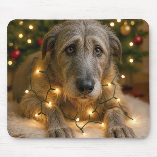 Tapis De Souris Sad Irish Wolfhound Tangled In Holiday Lights (Devant)