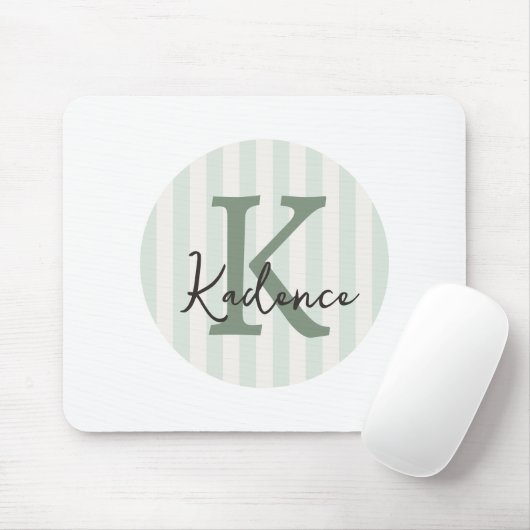 Tapis De Souris Sage Green Charcoal Custom Striped Circle Monogram (Avec souris)