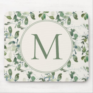 Tapis De Souris Sage Green Eucalyptus Feuille crème Monogramme