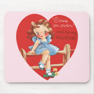 Tapis De Souris Saint-Valentin mignon vintage, fille sur une barri