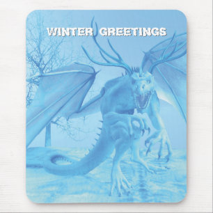 Tapis De Souris Salutations d'hiver. Dragon de glace avec bois