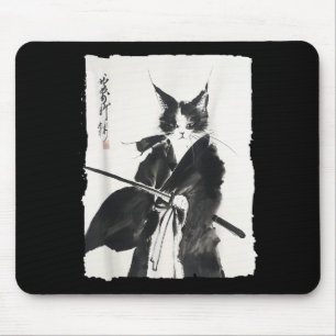 Tapis De Souris Samouraï Chat Guerrier Encre - Félin d'Art Japonai