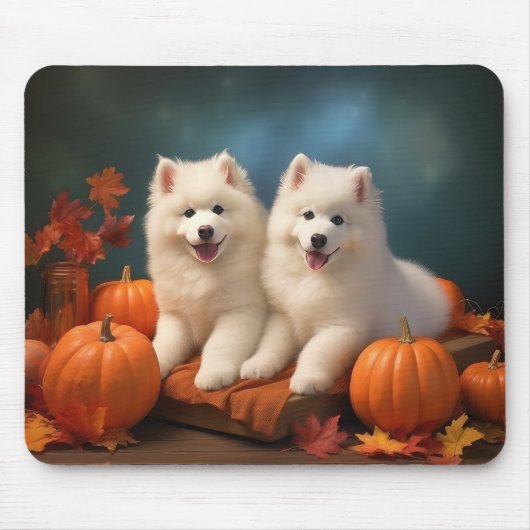 Tapis De Souris Samoyed Chiot Automne Citrouille de plaisir (Devant)