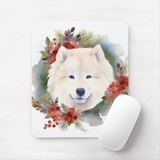 Tapis De Souris Samoyed Christmas Wreath Festive Pup (Avec souris)