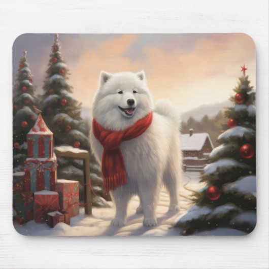 Tapis De Souris Samoyède dans la neige de Noël (Devant)
