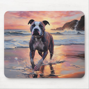Tapis De Souris Sandy American Staffordshire Dog on Beach Sunset