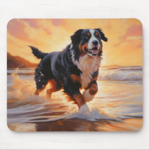 Tapis De Souris Sandy Paws Bernese Mountain Dog on Beach Sunset