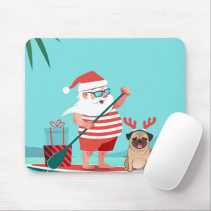 Tapis De Souris Santa Claus and His Pug on a surfboard