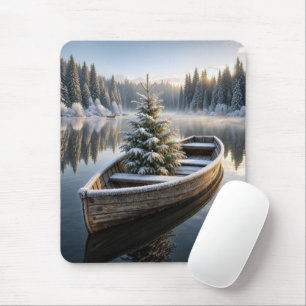 Tapis De Souris Sapin enneigé dans une barque rustique