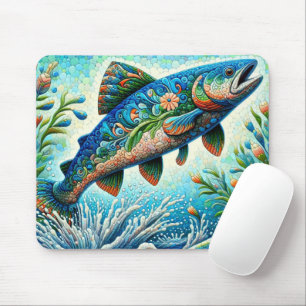 Tapis De Souris Saumon Saut Mosaïque Floral Blue Green Peach