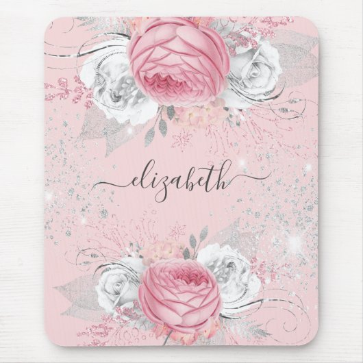 Tapis De Souris Scénario en monogramme argent rose floraux (Devant)
