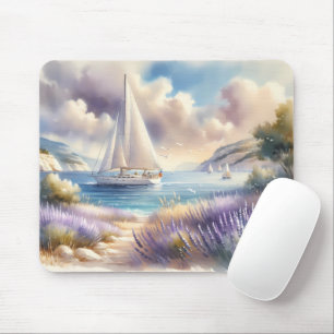 Tapis De Souris Scène aquarelle de voilier sur la Côte de Lavande