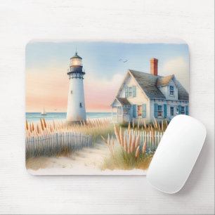 Tapis De Souris Scène aquarelle d'un phare et d'un cottage au bord