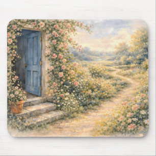 Tapis De Souris Scène de chemin fleuri à la porte bleue du jardin