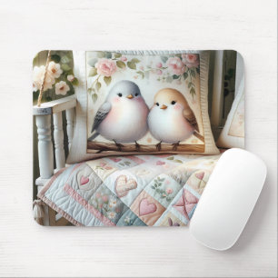 Tapis De Souris Scène de courtepointe florale de tourtereaux Cotta