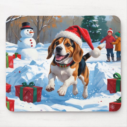 Tapis De Souris Scène de fête de Noël beagle (Devant)